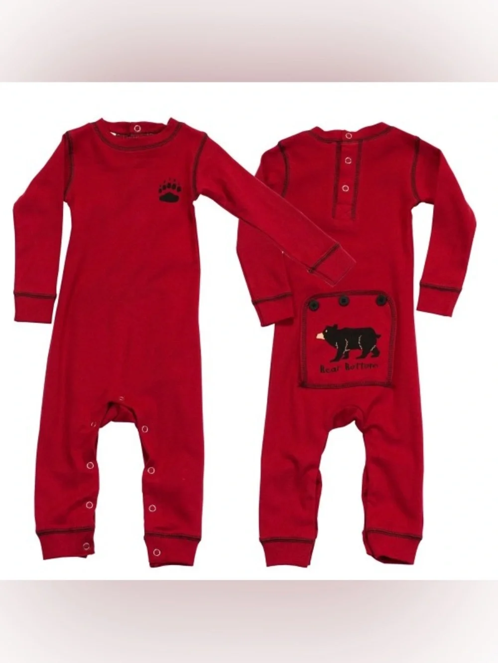 Lazy One Bear Bottoms red cotton baby onesie with black bear graphic Flap Jack